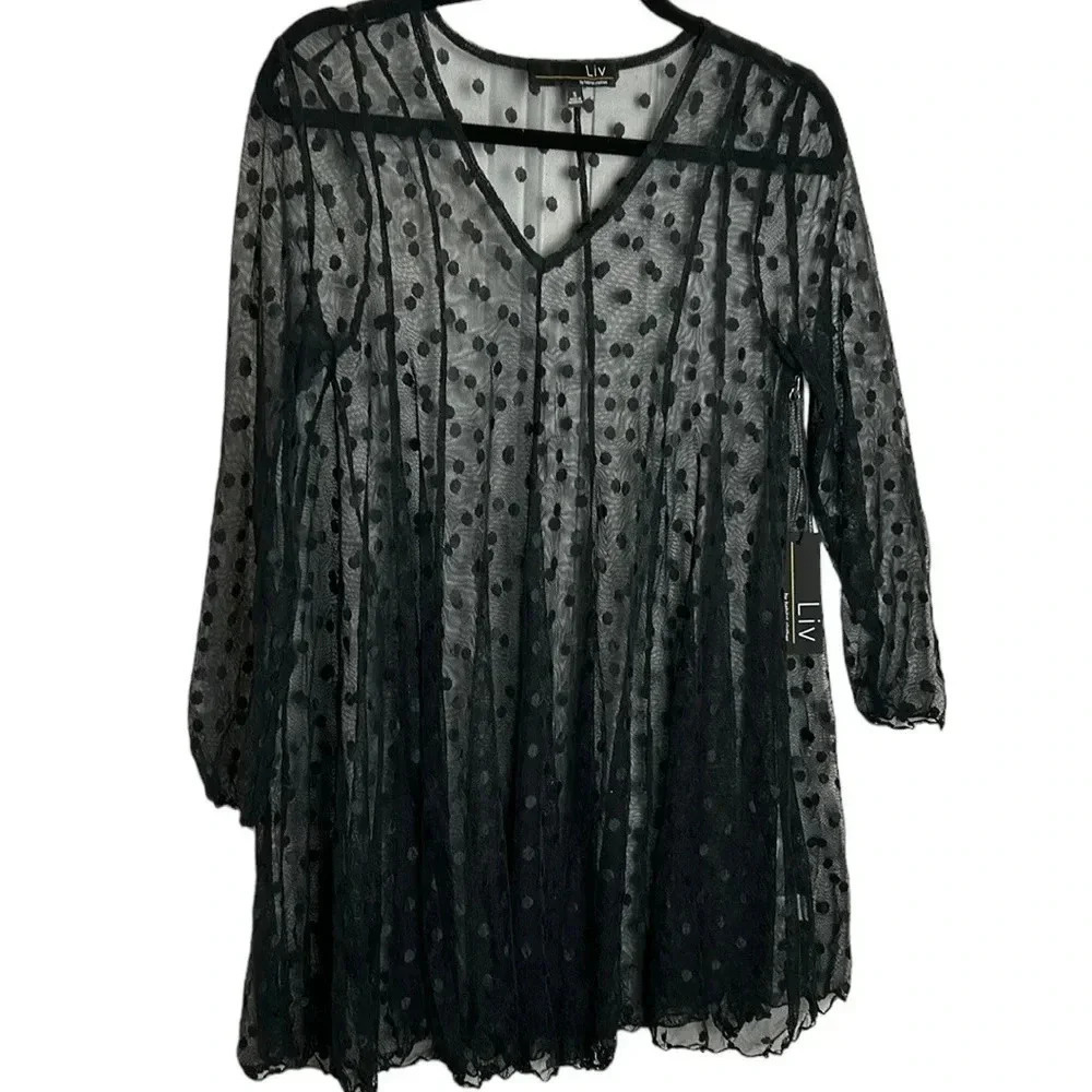 Black,Sheer blouse,S,polka dot,super flare,tunic mesh,lace,NWT,EC ,
PTP 18”